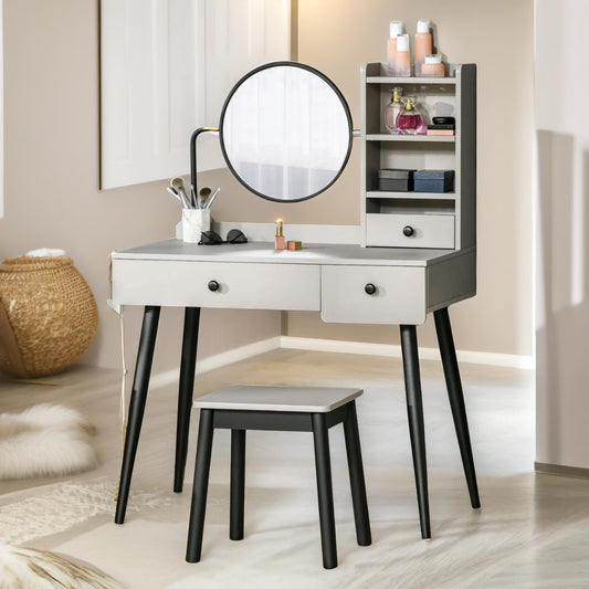 Dressing Table With Mirror And Stool Grey