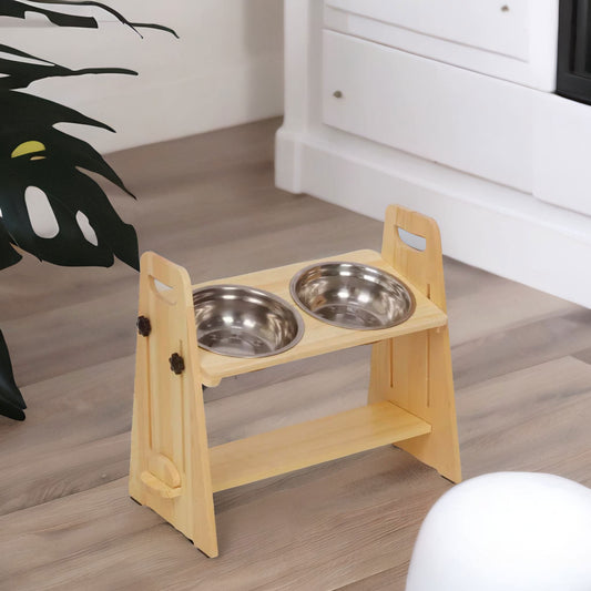 Elevated Wooden Adjustable Dog Bowl Food Stand Natural Brown