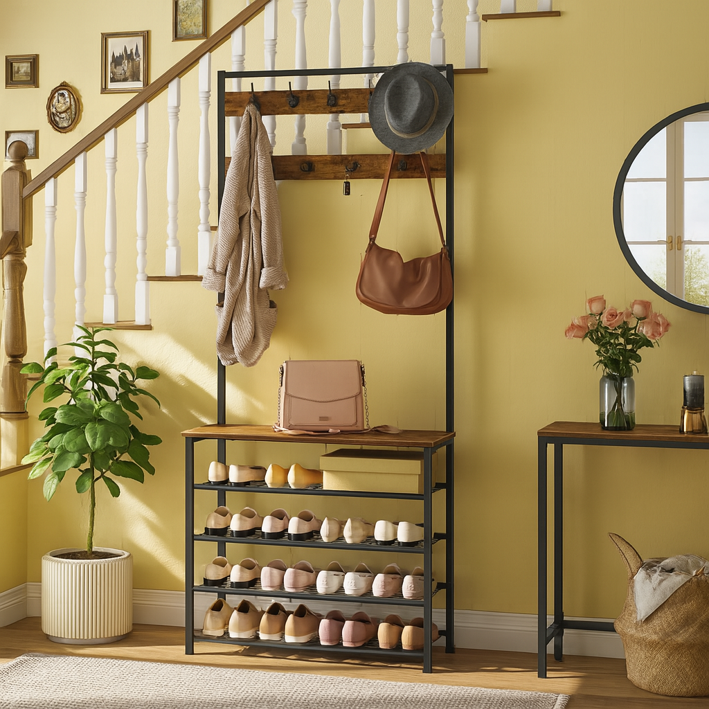 coat rack stand with 5 tier shoe bench