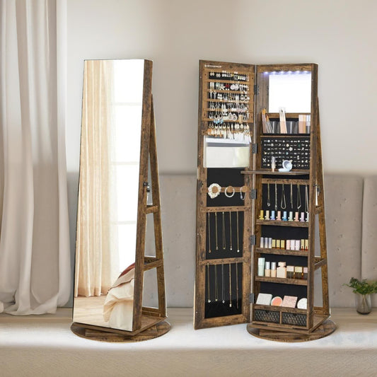 Free Standing Mirror Jewellery Cabinet 360 Swivel Organiser Brown
