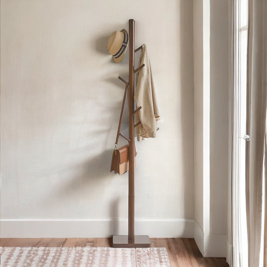 Wooden Square Base Coat Stand With 8 Hooks Brown