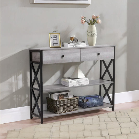 3 Tier Console Table With 2 Drawers And Storage Shelves Grey