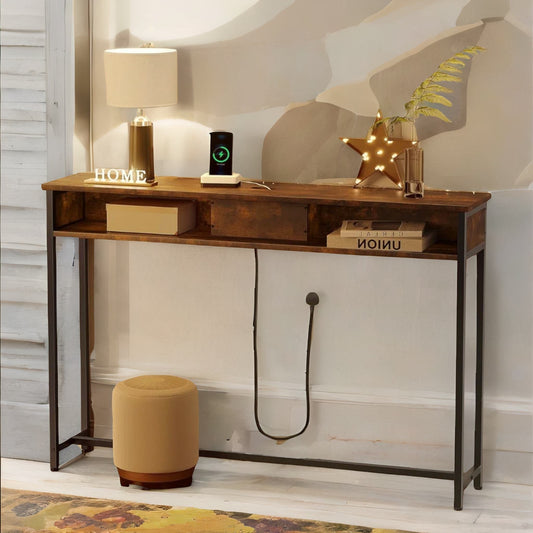 Hallway Console Table With Charging Station Rustic Brown