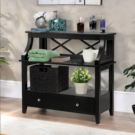 Modern 3 Tier Console Table With 2 Drawers And Storage Shelves Black