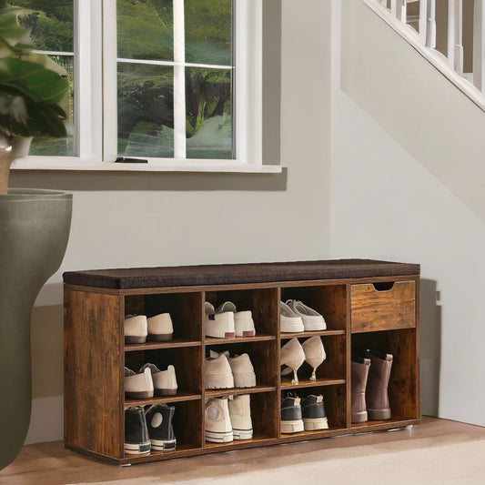 10 Compartment Shoe Storage Bench Industrial Rustic Brown