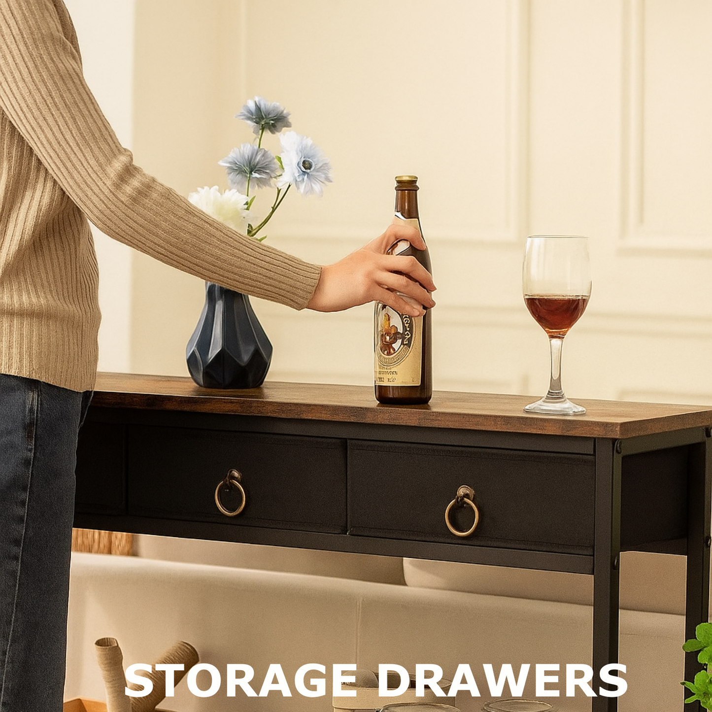 slim sofa table with 3 non-woven drawers