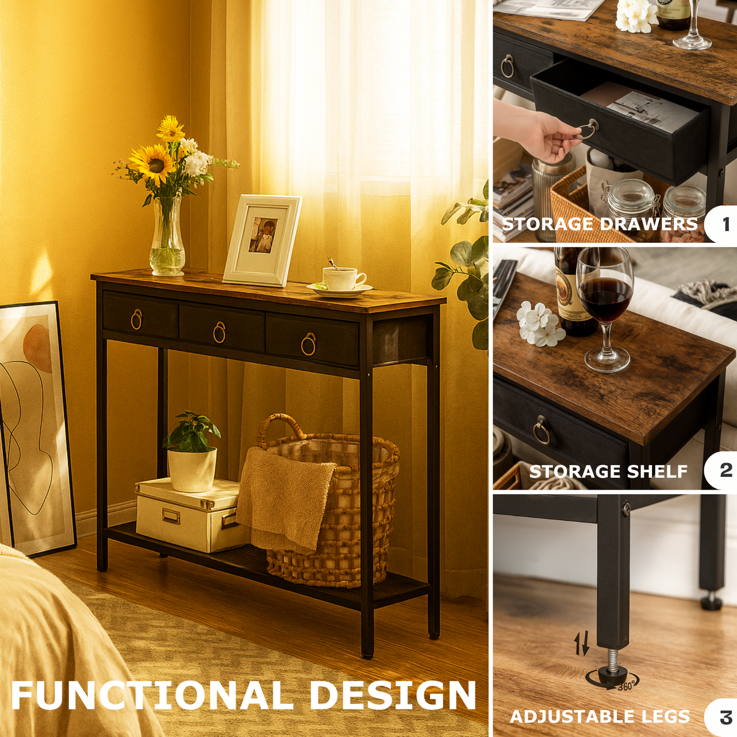 slim sofa table with 3 non-woven drawers