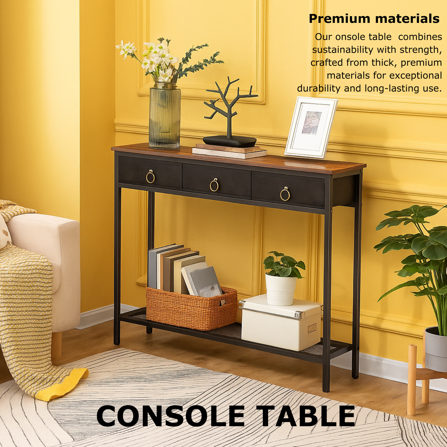 slim sofa table with 3 non-woven drawers