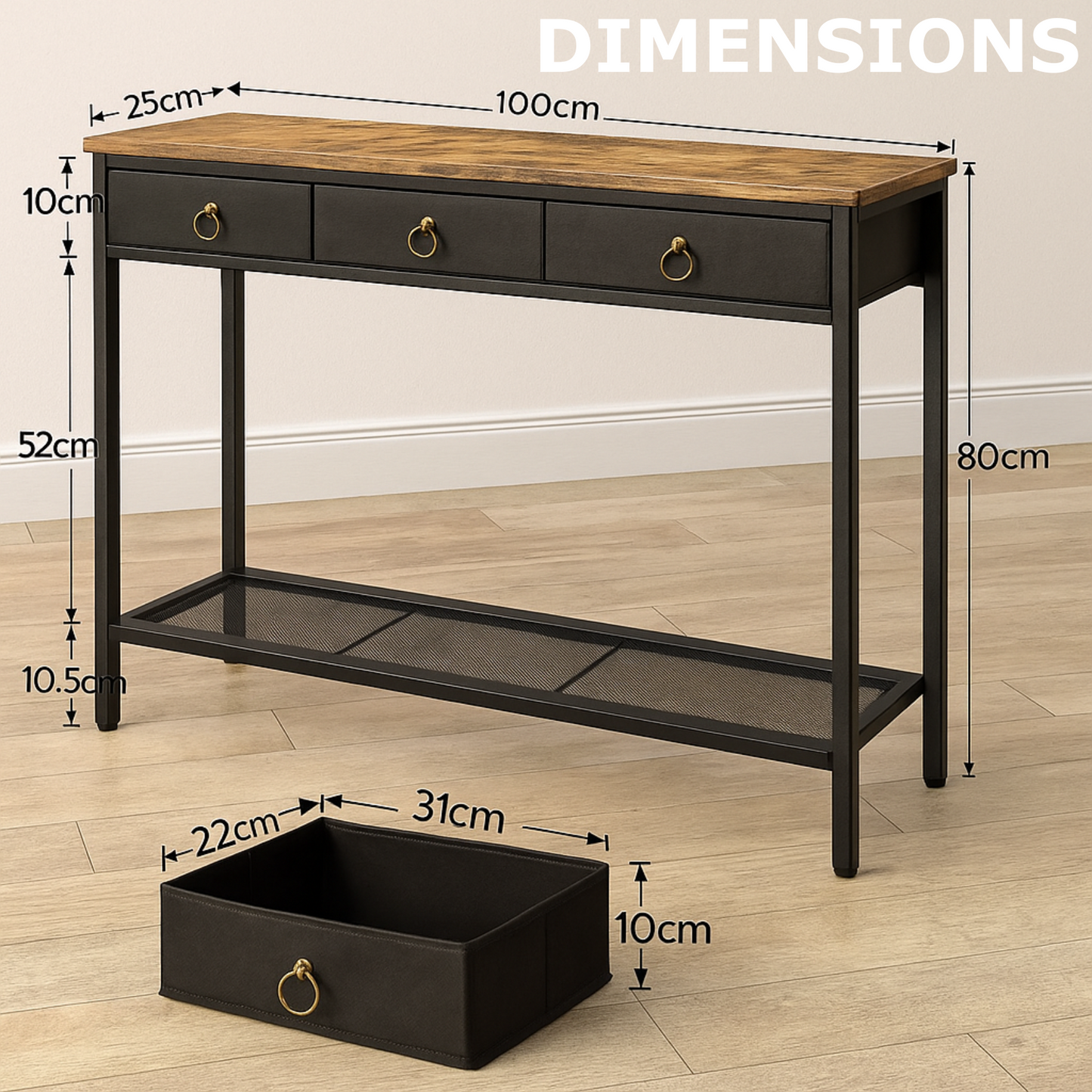 slim sofa table with 3 non-woven drawers