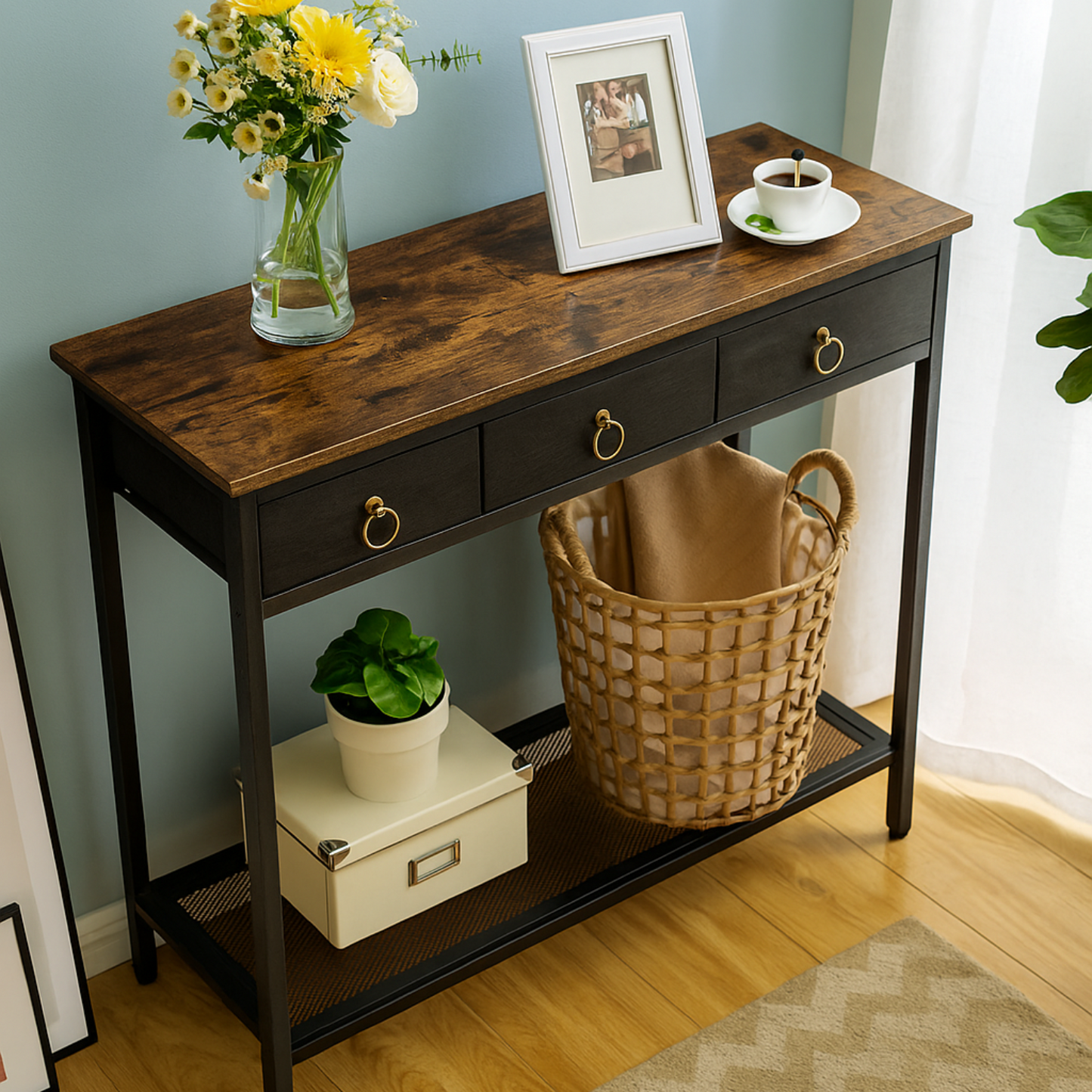 slim sofa table with 3 non-woven drawers