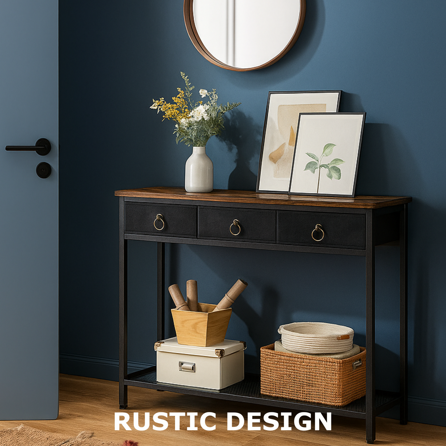 slim sofa table with 3 non-woven drawers