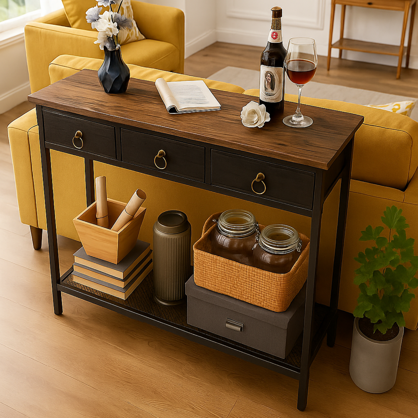 slim sofa table with 3 non-woven drawers