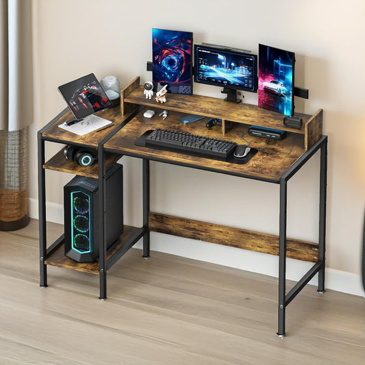 Industrial Computer Desk With Monitor Stand And Shelves Brown