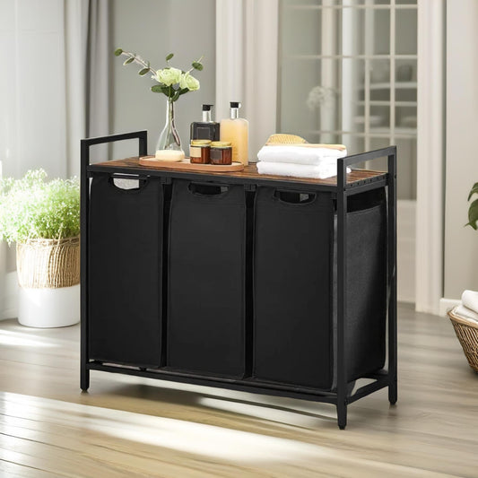 Industrial 3 Compartment Laundry Basket With Removable Bags Brown