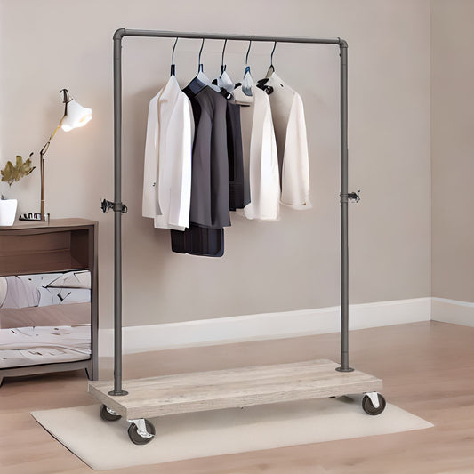 Industrial Clothes Rack With Wheels Open Wardrobe Light Brown