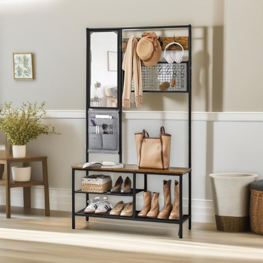 Industrial Coat Rack Stand Hall Tree With Shoe Storage Brown