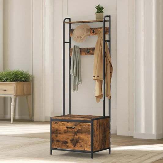 Industrial Coat Rack Stand With Shoe Storage Brown