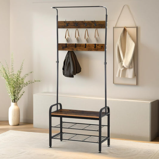 Industrial Hall Tree Coat Rack Stand With Shoe Storage Brown