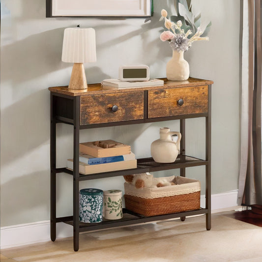 Industrial Hallway Console Table With 2 Drawers Brown
