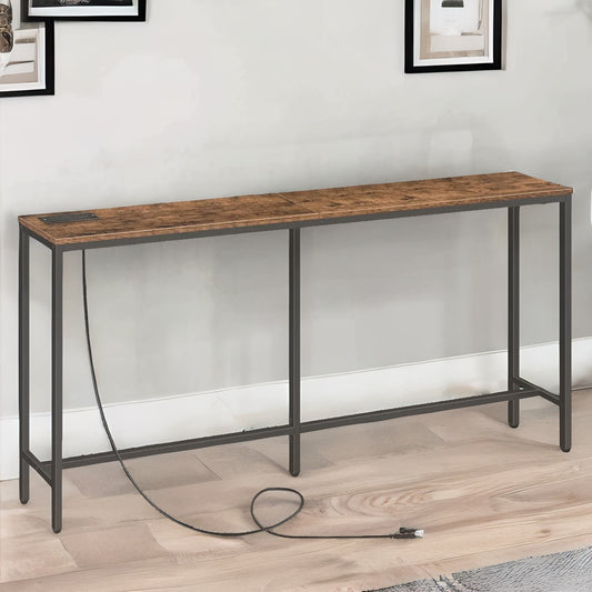 Industrial Wide Console Table With Charging Station Rustic Brown