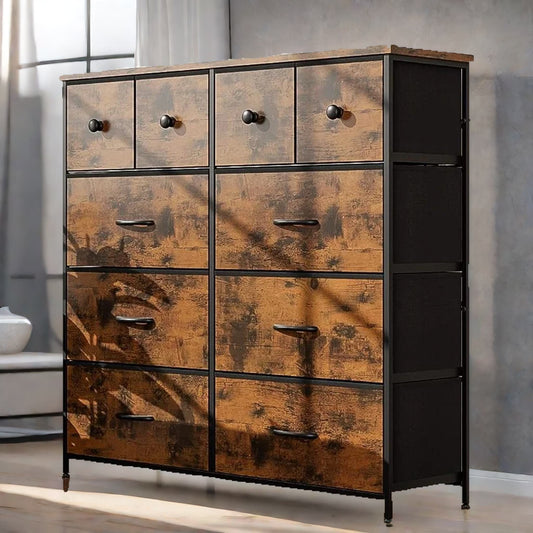 Industrial 10 Fabric Drawer Chest Rustic Brown