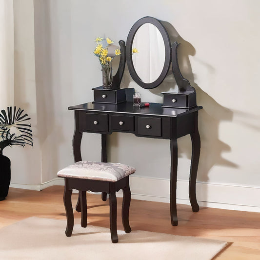 5 Drawer Make Up Dressing Table With Mirror And Stool Black
