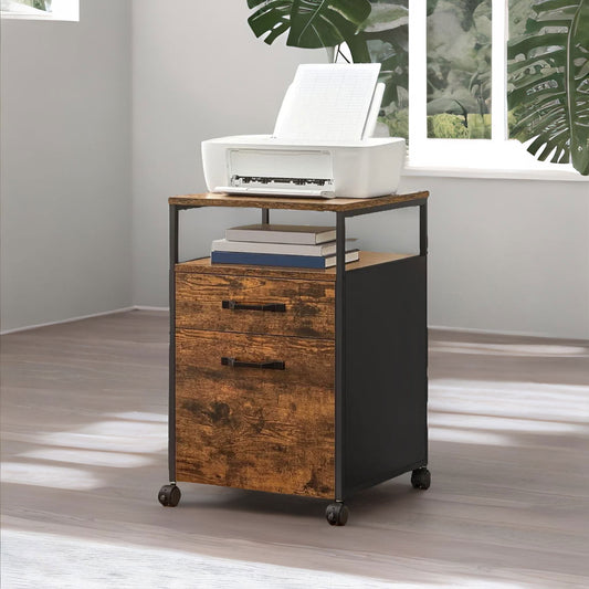 2 Drawer Industrial Filing Cabinet With Lockable Wheels Rustic Brown