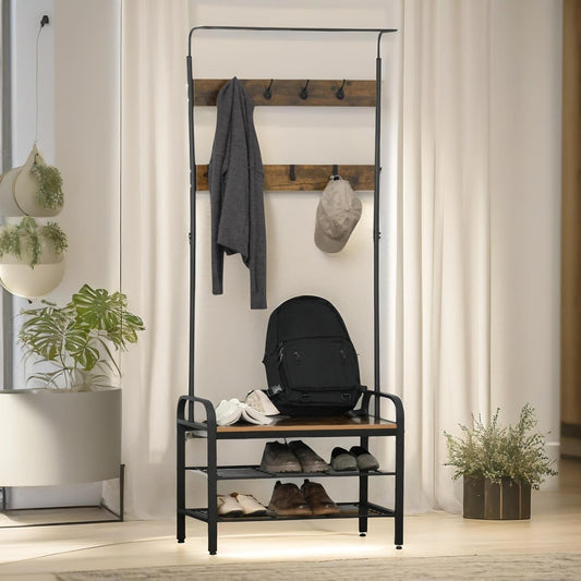 Industrial Coat Rack Stand With 2 Shelves & 8 Hooks