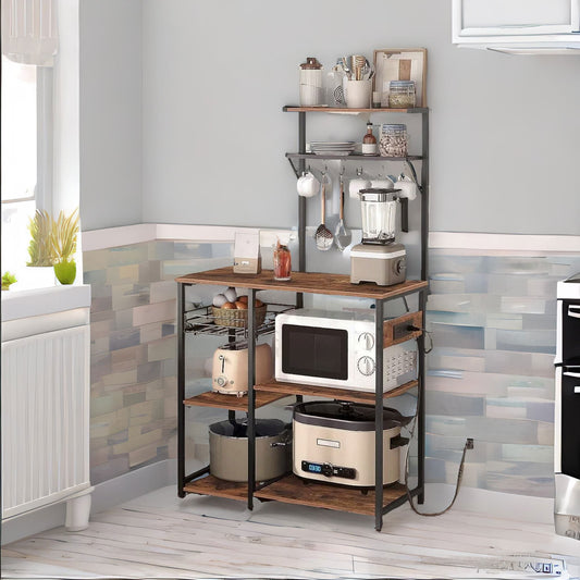 4 Tier Smart Kitchen Bakers Rack With Power Outlets Rustic Brown