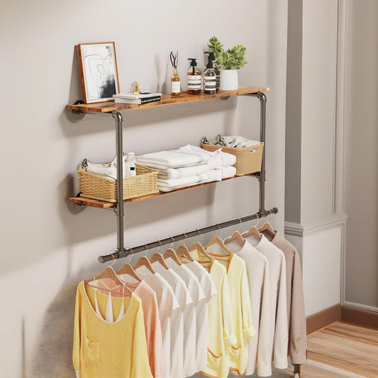Industrial Wall-Mounted Clothes Hanging Rail Brown