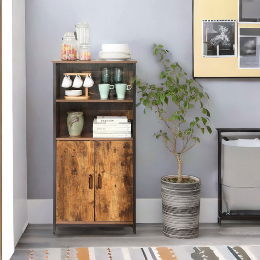 Multipurpose Kitchen Sideboard Cabinet With 2 Open Shelves Rustic Brown