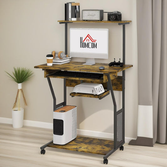 Industrial Rolling Computer Desk With Keyboard Tray And Shelves Brown
