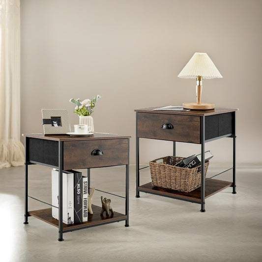 Set Of 2 Industrial Bedside Nightstand Tables With Drawer Brown