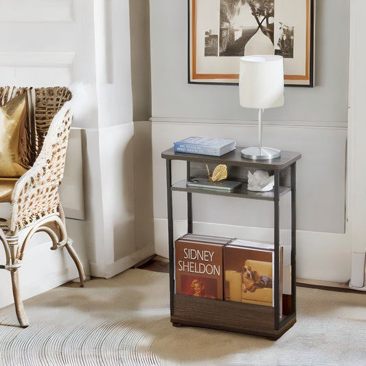 Industrial Rustic 3 Tier Side Table With Magazine Rack Grey