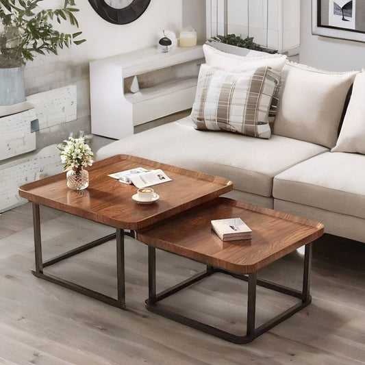 2PC Industrial Square Nesting Coffee Tables Rustic Brown