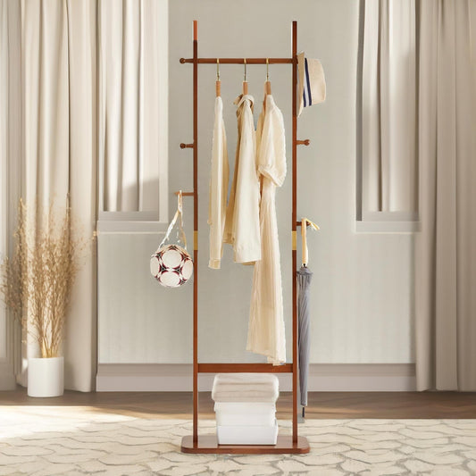 Tall Wooden Coat Stand With 5 Hooks Dark Brown