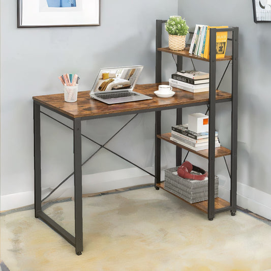 97CM Wide Computer Desk With 3 Shelves Rustic Brown