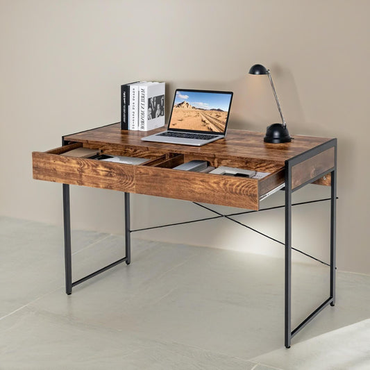 Industrial 112CM Wide Writing Desk With 2 Drawers Rustic Brown