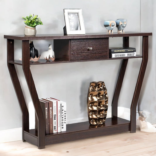 Industrial Narrow Console Table With Drawer Walnut Bown