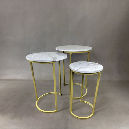 Set Of 3 Gold Nesting Tables With Faux Marble Top