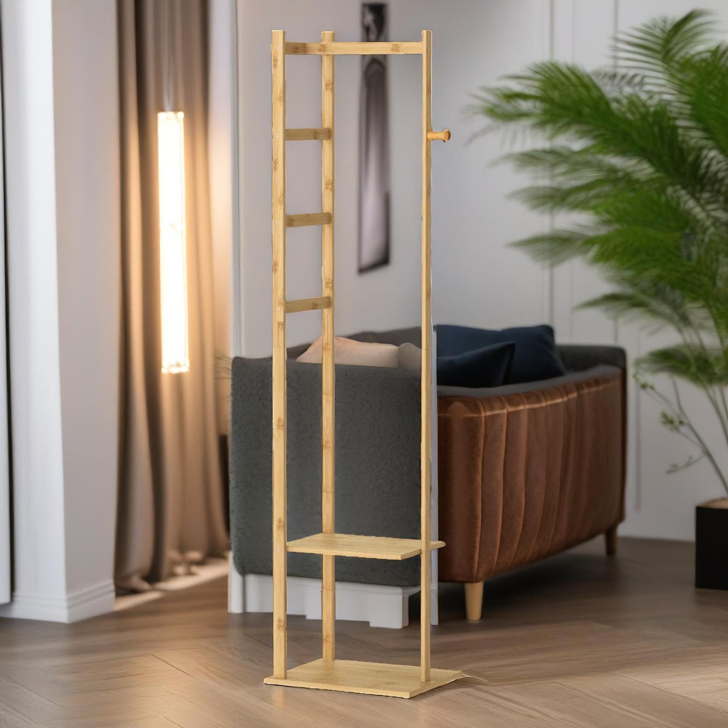 narrow bamboo clothes rail with 2 shelves