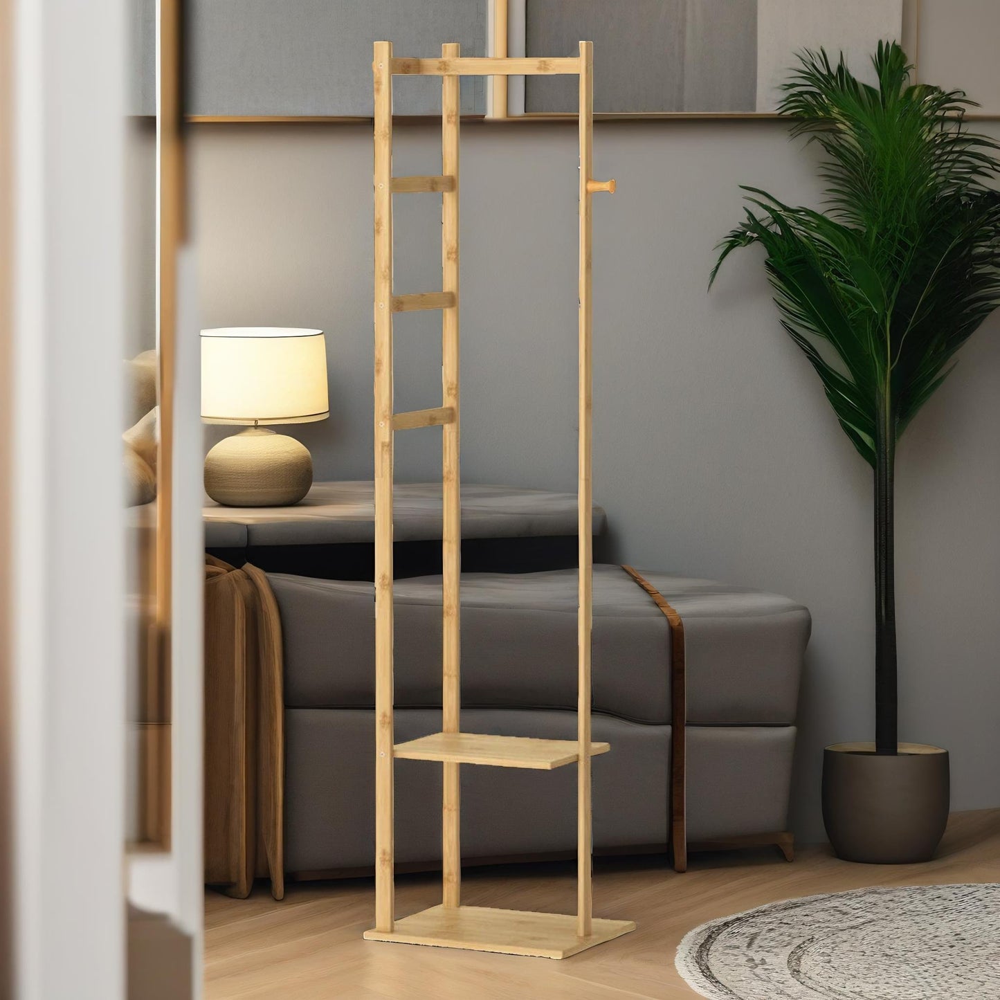 narrow bamboo clothes rail with 2 shelves