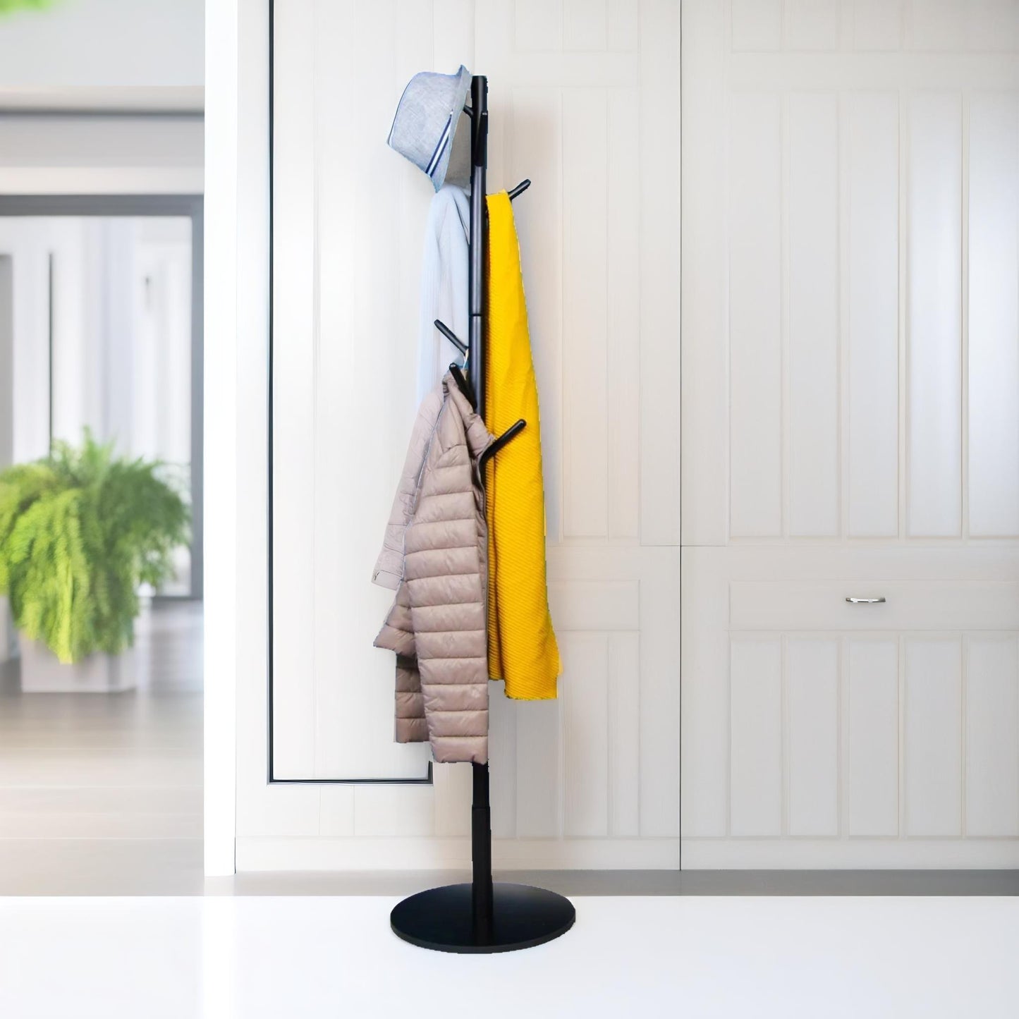 wooden coat stand with 8 hooks black with round base