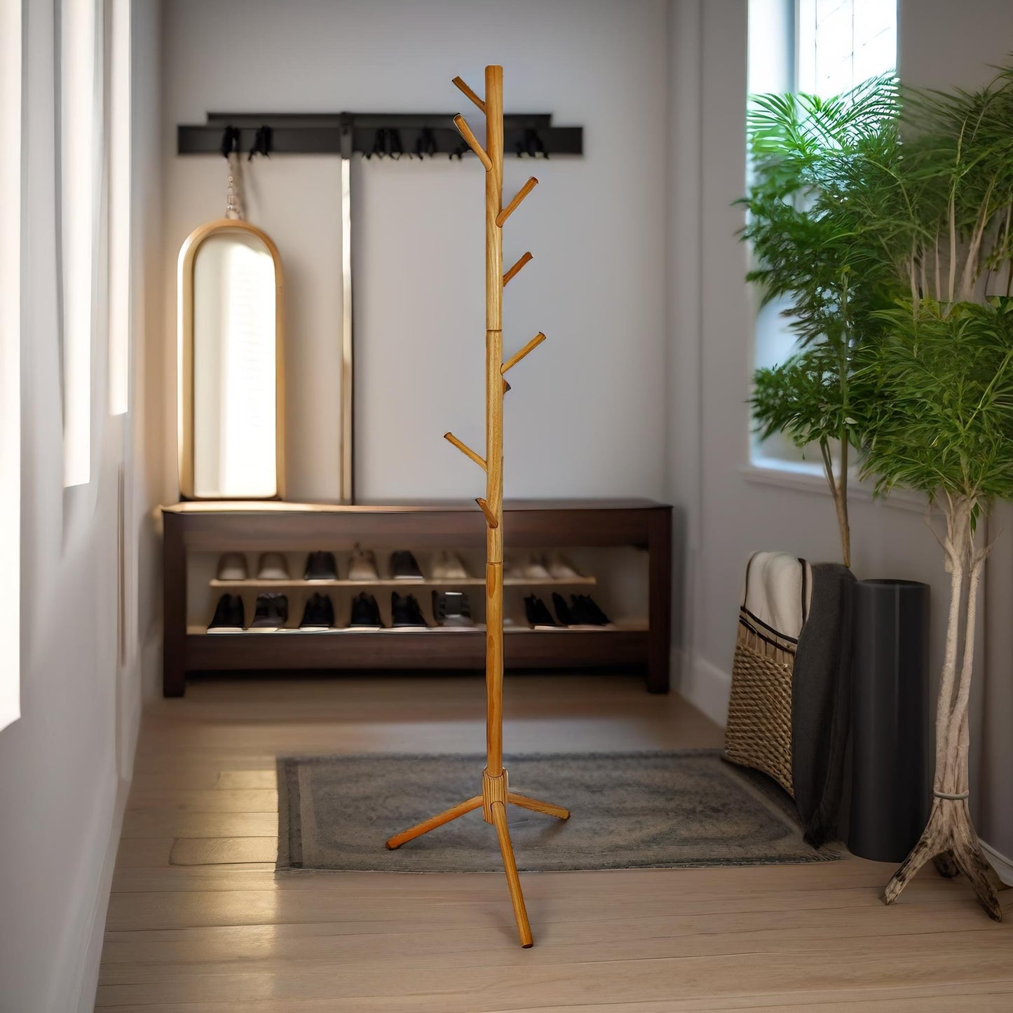 wooden adjustable coat stand with 8 hooks brown