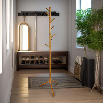 Wooden Adjustable Coat Stand With 8 Hooks Brown