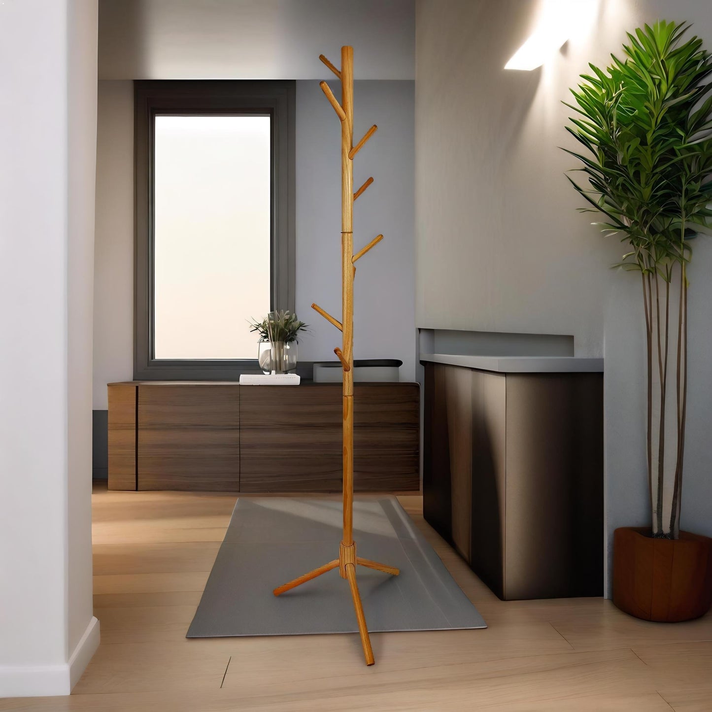 wooden adjustable coat stand with 8 hooks brown