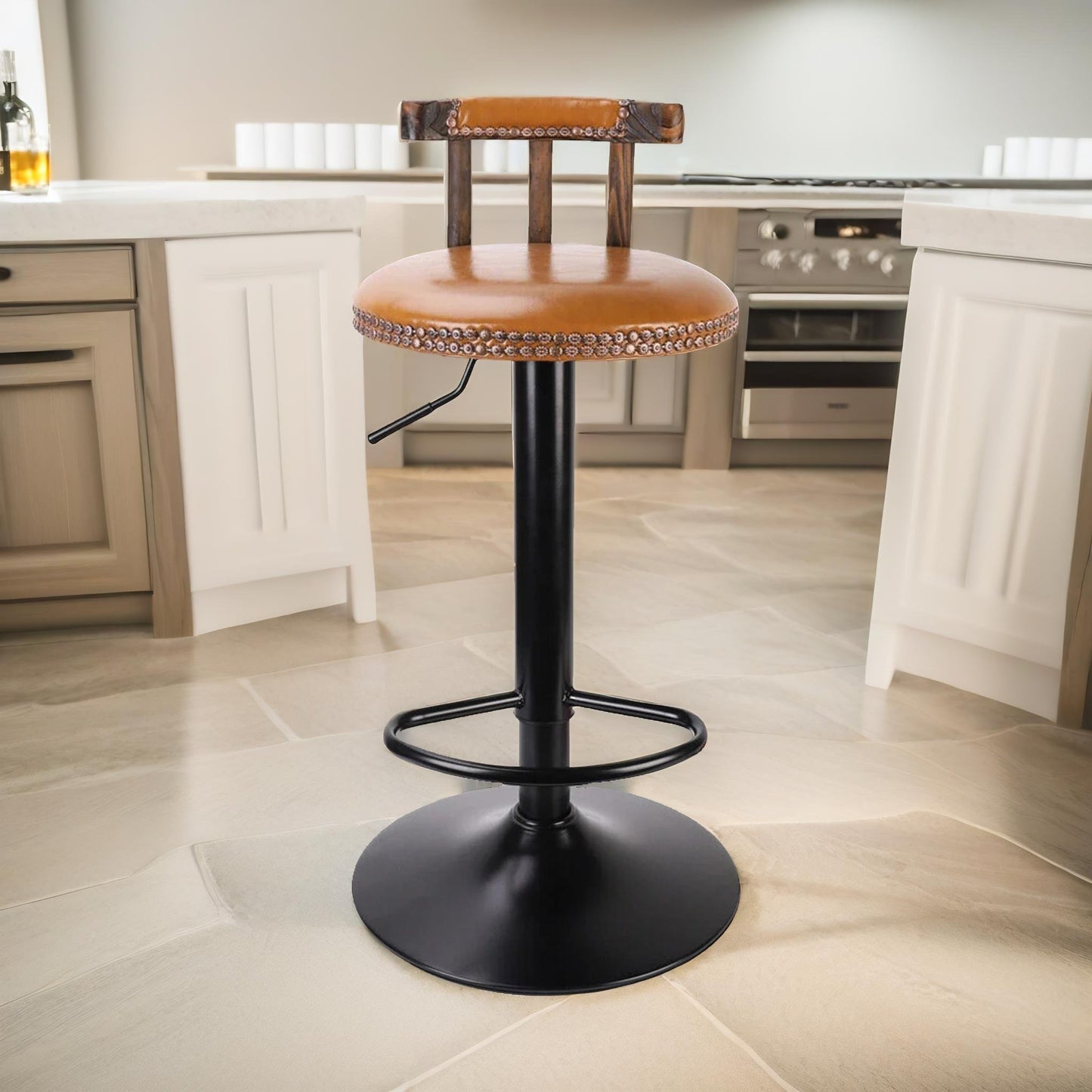 2pc vintage style height adjustable 360 swivel barstools set natural brown