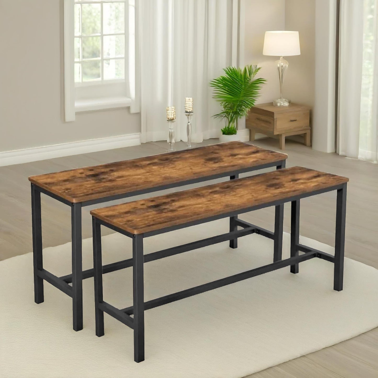 2pc industrial dining benches indoor outdoor rustic brown