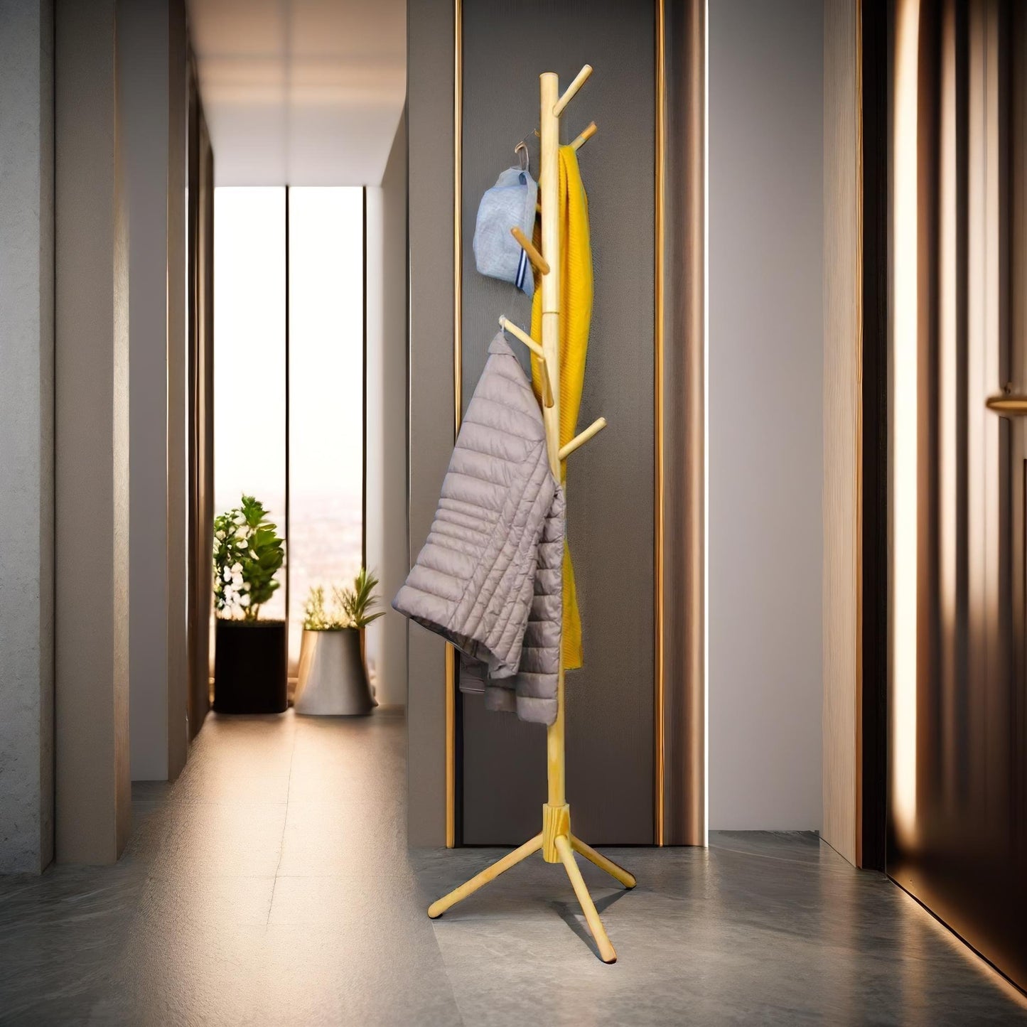 wooden adjustable coat stand with 8 hooks brown