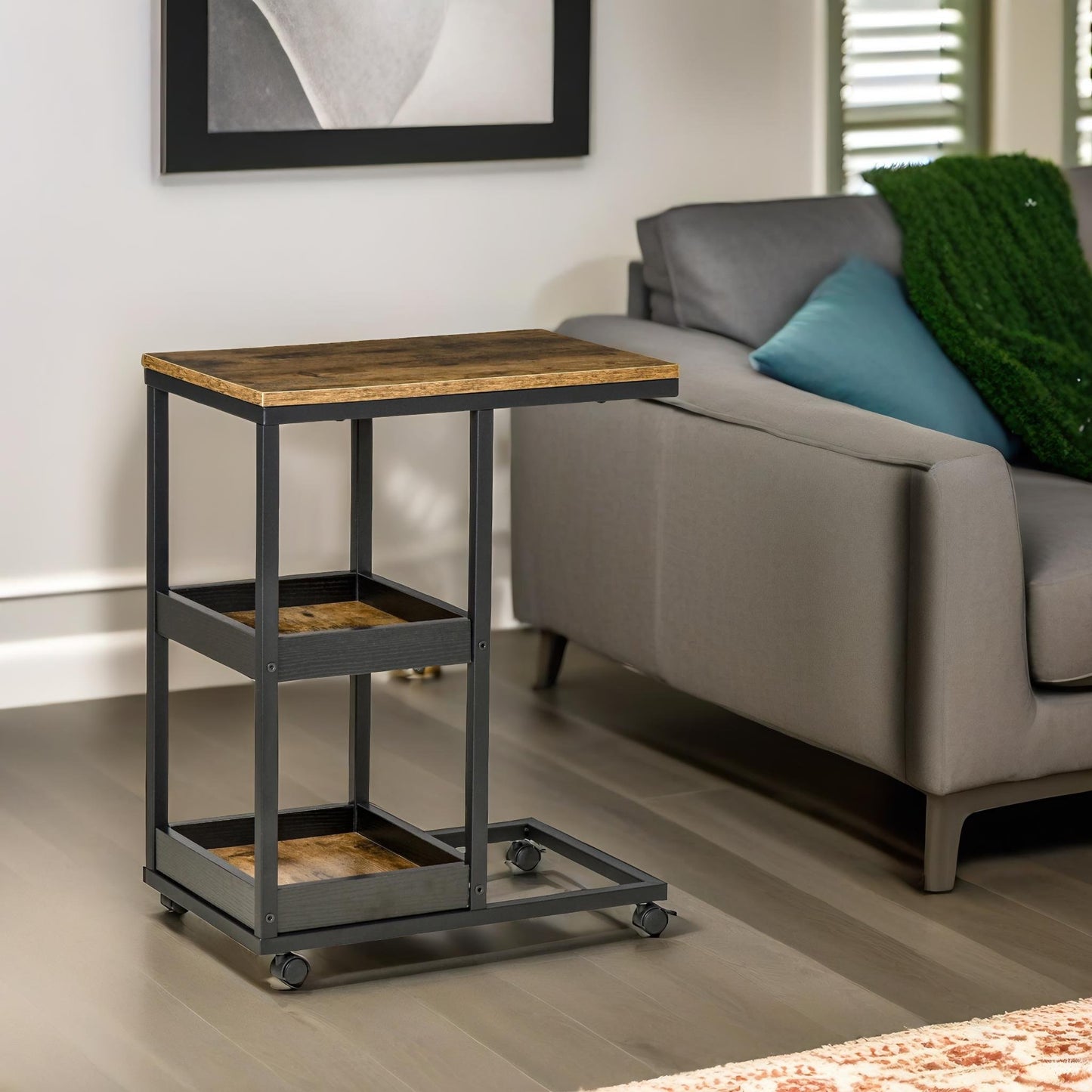 industrial c shaped side table 3-tier with wheels